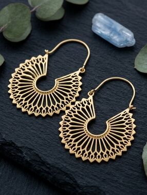 Artisanal 100% Brass Mandala Hoop Earrings Boho Tribal Filigree Drop Statement